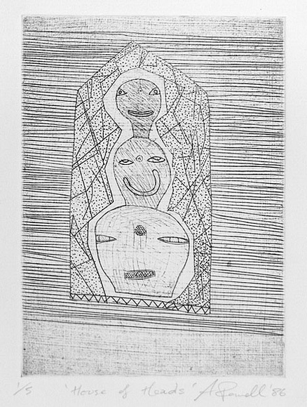 Artist: b'Powell, Andrew.' | Title: b'House of heads' | Date: 1986 | Technique: b'etching, printed in black ink with plate-tone, from one plate' Artist: b'Powell, Andrew.' | Title: b'House of heads' | Date: 1986 | Technique: b'etching, printed in black ink with plate-tone, from one plate'