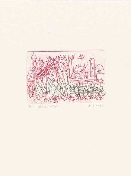 Artist: MEYER, Bill | Title: Judean village | Date: 1992 | Technique: etching, printed in red and black ink a la poupée, from one zinc plate | Copyright: © Bill Meyer
