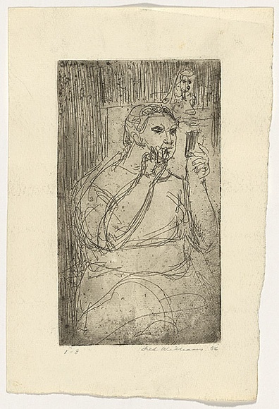 Artist: b'WILLIAMS, Fred' | Title: b'Toilette' | Date: 1954-55 | Technique: b'etching, aquatint, drypoint, printed in black ink with plate-tone, from one zinc plate' | Copyright: b'\xc2\xa9 Fred Williams Estate' Artist: b'WILLIAMS, Fred' | Title: b'Toilette' | Date: 1954-55 | Technique: b'etching, aquatint, drypoint, printed in black ink with plate-tone, from one zinc plate' | Copyright: b'\xc2\xa9 Fred Williams Estate'