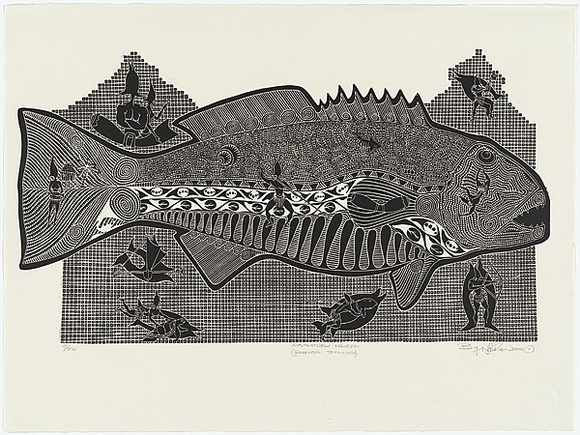 Artist: b'NONA, Laurie' | Title: b'Aputhathew Ngurpai (Parental teachings)' | Date: 2000 | Technique: b'linocut, printed in black ink, from one block' Artist: b'NONA, Laurie' | Title: b'Aputhathew Ngurpai (Parental teachings)' | Date: 2000 | Technique: b'linocut, printed in black ink, from one block'