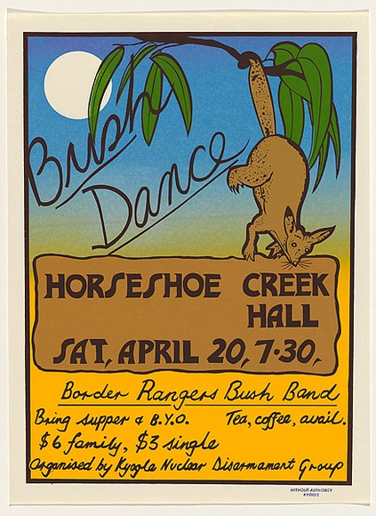Artist: b'Without Authority.' | Title: b'Bush dance: possum' | Date: 1985 | Technique: b'screenprint, printed in colour, from four ulano hand-cut stencils' | Copyright: b'Courtesy of the artist' Artist: b'Without Authority.' | Title: b'Bush dance: possum' | Date: 1985 | Technique: b'screenprint, printed in colour, from four ulano hand-cut stencils' | Copyright: b'Courtesy of the artist'