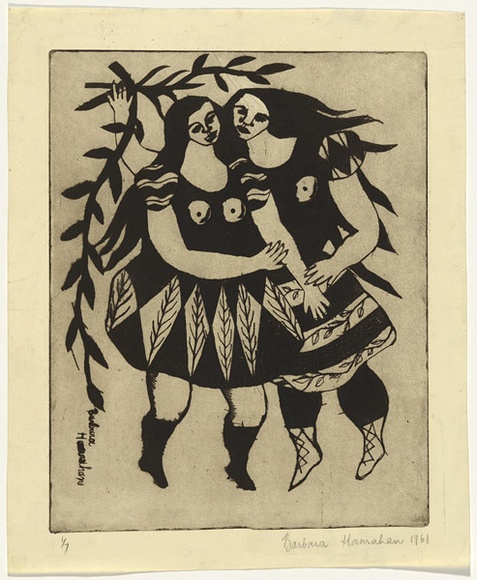 Artist: b'HANRAHAN, Barbara' | Title: b'The sisters' | Date: 1961 | Technique: b'drypoint, aquatint, printed in black ink, from one plate' Artist: b'HANRAHAN, Barbara' | Title: b'The sisters' | Date: 1961 | Technique: b'drypoint, aquatint, printed in black ink, from one plate'