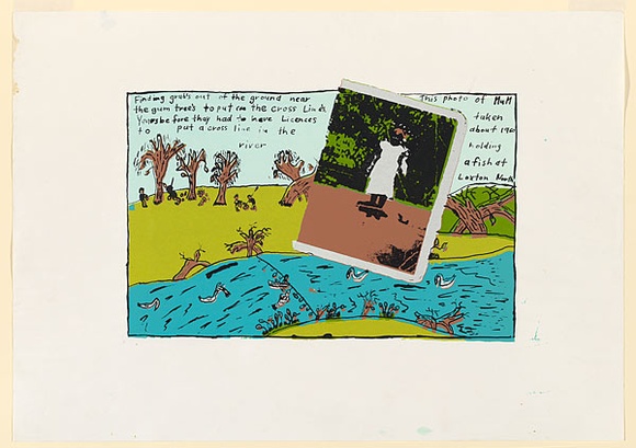 Artist: b'Abdulla, Ian.' | Title: b'Finding grubs on the cross line' | Date: 1988 | Technique: b'screenprint, printed in colour, from multiple stencils' | Copyright: b'\xc2\xa9 Ian W. Abdulla' Artist: b'Abdulla, Ian.' | Title: b'Finding grubs on the cross line' | Date: 1988 | Technique: b'screenprint, printed in colour, from multiple stencils' | Copyright: b'\xc2\xa9 Ian W. Abdulla'