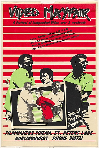 Artist: b'EARTHWORKS POSTER COLLECTIVE' | Title: b'Video mayfair' | Date: 1979 | Technique: b'screenprint, printed in colour, from three stencils' Artist: b'EARTHWORKS POSTER COLLECTIVE' | Title: b'Video mayfair' | Date: 1979 | Technique: b'screenprint, printed in colour, from three stencils'