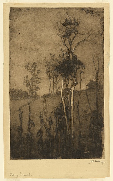 Artist: b'Traill, Jessie.' | Title: b'Evening, Emerald.' | Date: 1911 | Technique: b'etching, drypoint and foul biting, printed in black ink with plate-tone and wiped highlights, from one plate' Artist: b'Traill, Jessie.' | Title: b'Evening, Emerald.' | Date: 1911 | Technique: b'etching, drypoint and foul biting, printed in black ink with plate-tone and wiped highlights, from one plate'