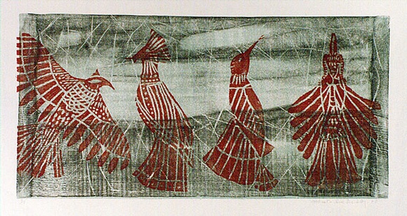 Artist: b'Buckley, Sue.' | Title: b'Aztec birds.' | Date: 1980 | Technique: b'woodcut, printed in colour, from multiple blocks' | Copyright: b'This work appears on screen courtesy of Sue Buckley and her sister Jean Hanrahan' Artist: b'Buckley, Sue.' | Title: b'Aztec birds.' | Date: 1980 | Technique: b'woodcut, printed in colour, from multiple blocks' | Copyright: b'This work appears on screen courtesy of Sue Buckley and her sister Jean Hanrahan'