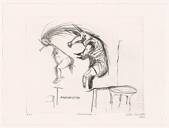 Artist: b'Cullen, Adam.' | Title: b'Manslaughter II.' | Date: 2001 | Technique: b'drypoint, printed in black ink, from one perspex sheet'