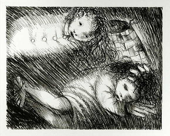 Artist: b'BOYD, Arthur' | Title: b'St Francis when young dreaming of fine clothes and armour.' | Date: (1965) | Technique: b'lithograph, printed in black ink, from one plate' | Copyright: b'Reproduced with permission of Bundanon Trust' Artist: b'BOYD, Arthur' | Title: b'St Francis when young dreaming of fine clothes and armour.' | Date: (1965) | Technique: b'lithograph, printed in black ink, from one plate' | Copyright: b'Reproduced with permission of Bundanon Trust'