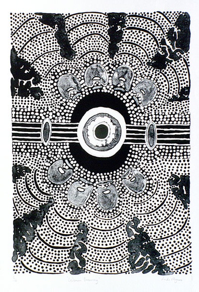 Artist: b'Myers, Linda.' | Title: b'Women dreaming' | Date: 1993 | Technique: b'lithograph, printed in colour, in black and gold ink' Artist: b'Myers, Linda.' | Title: b'Women dreaming' | Date: 1993 | Technique: b'lithograph, printed in colour, in black and gold ink'