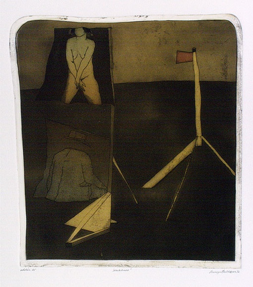 Artist: b'BALDESSIN, George' | Title: b'Emblems.' | Date: 1972 | Technique: b'etching and aquatint, printed in sepia ink, from one shaped plate; on stencil, printed in colour, from two stencils.' Artist: b'BALDESSIN, George' | Title: b'Emblems.' | Date: 1972 | Technique: b'etching and aquatint, printed in sepia ink, from one shaped plate; on stencil, printed in colour, from two stencils.'