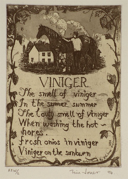 Artist: b'Jones, Tim.' | Title: b'(Vinegar...the smell of vinegar... in the summer...)' | Date: 1994 | Technique: b'etching, and aquatint, printed in black ink from one plate' Artist: b'Jones, Tim.' | Title: b'(Vinegar...the smell of vinegar... in the summer...)' | Date: 1994 | Technique: b'etching, and aquatint, printed in black ink from one plate'
