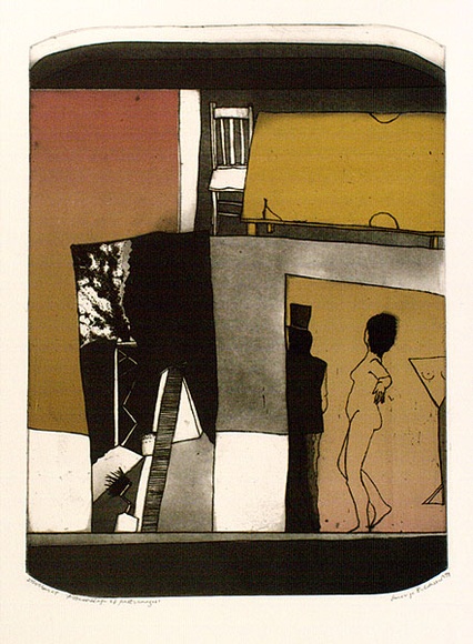 Artist: BALDESSIN, George | Title: Assemblage of past images. | Date: 1973 | Technique: etching and aquatint, printed in black ink, from one shaped magnesium plate; over stencil, printed in gradated colour roll, from three stencils.