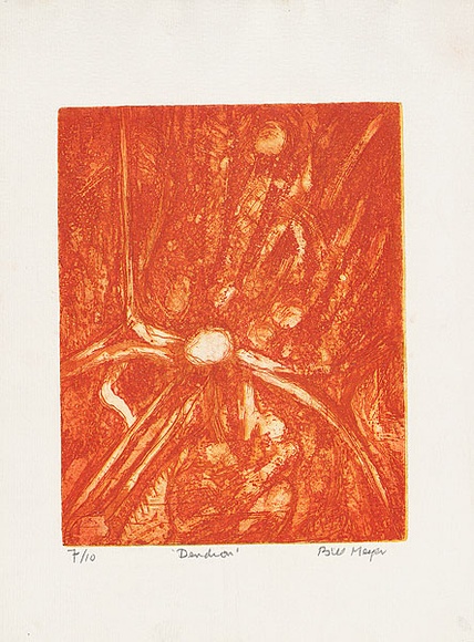 Artist: b'MEYER, Bill' | Title: b'Dendron' | Date: 1969 | Technique: b'etching, aquatint and drypoint, printed in orange ink, from one plate' | Copyright: b'\xc2\xa9 Bill Meyer' Artist: b'MEYER, Bill' | Title: b'Dendron' | Date: 1969 | Technique: b'etching, aquatint and drypoint, printed in orange ink, from one plate' | Copyright: b'\xc2\xa9 Bill Meyer'