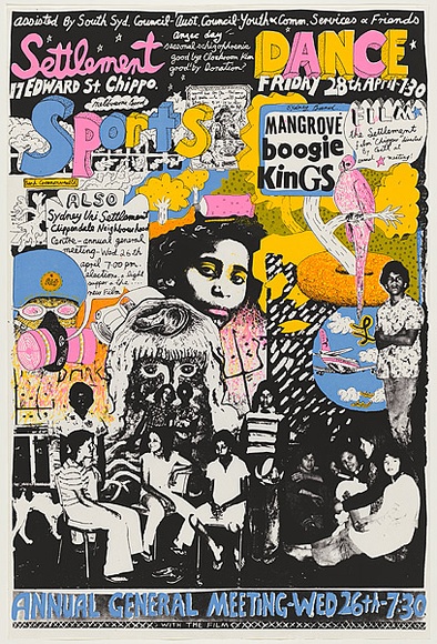 Artist: b'WORSTEAD, Paul' | Title: b'Settlement Dance - Sports and Annual General Meeting' | Date: 1978 | Technique: b'screenprint, printed in colour, from four stencils' | Copyright: b'This work appears on screen courtesy of the artist' Artist: b'WORSTEAD, Paul' | Title: b'Settlement Dance - Sports and Annual General Meeting' | Date: 1978 | Technique: b'screenprint, printed in colour, from four stencils' | Copyright: b'This work appears on screen courtesy of the artist'