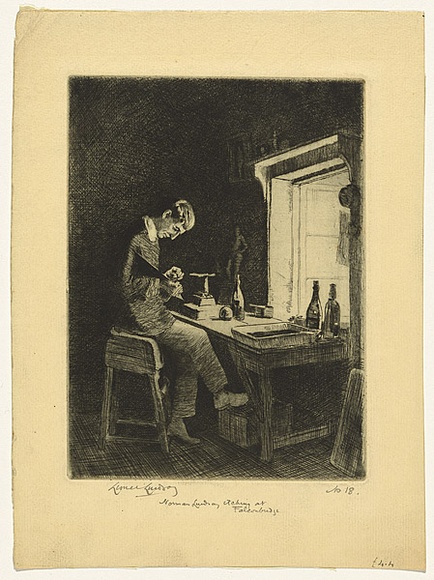 Artist: b'LINDSAY, Lionel' | Title: b'Norman Lindsay etching at Falconbridge' | Date: 1918 | Technique: b'etching and drypoint, printed in black ink, from one plate' | Copyright: b'Courtesy of the National Library of Australia' Artist: b'LINDSAY, Lionel' | Title: b'Norman Lindsay etching at Falconbridge' | Date: 1918 | Technique: b'etching and drypoint, printed in black ink, from one plate' | Copyright: b'Courtesy of the National Library of Australia'