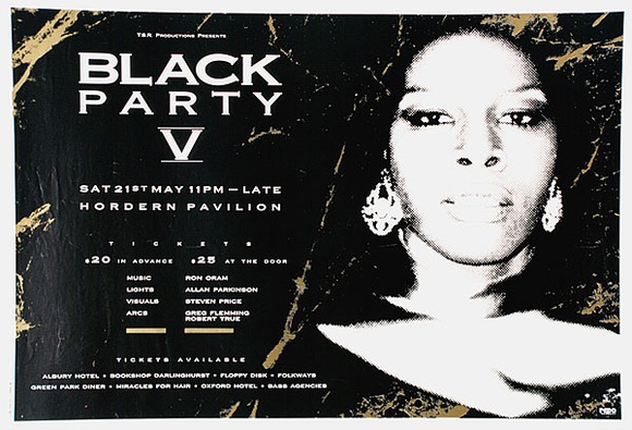 Title: b'Black Party V. Hordern Pavilion' | Date: 1989 | Technique: b'screenprint, printed in black and gold ink, from two stencils'