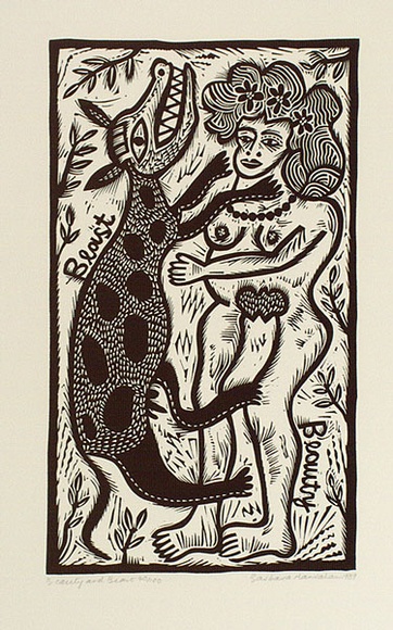 Artist: b'HANRAHAN, Barbara' | Title: b'Beauty and beast.' | Date: 1989 | Technique: b'linocut, printed in black ink, from one block' Artist: b'HANRAHAN, Barbara' | Title: b'Beauty and beast.' | Date: 1989 | Technique: b'linocut, printed in black ink, from one block'