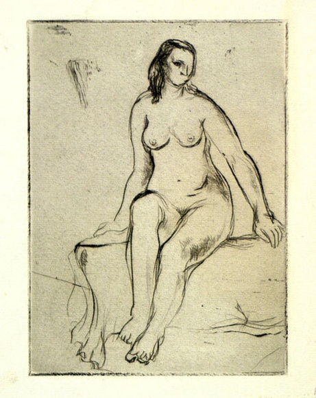 Artist: b'Brash, Barbara.' | Title: b'(Seated nude).' | Date: 1950s | Technique: b'drypoint printed with plate-tone in brown ink' Artist: b'Brash, Barbara.' | Title: b'(Seated nude).' | Date: 1950s | Technique: b'drypoint printed with plate-tone in brown ink'
