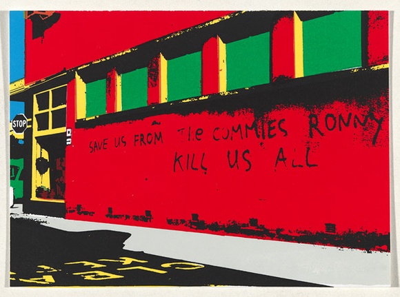 Artist: b'Robertson, Toni.' | Title: b'Postcard: Save us from the commies Ronny, kill us all' | Technique: b'screenprint, printed in colour, from multiple stencils' | Copyright: b'\xc2\xa9 Toni Robertson' Artist: b'Robertson, Toni.' | Title: b'Postcard: Save us from the commies Ronny, kill us all' | Technique: b'screenprint, printed in colour, from multiple stencils' | Copyright: b'\xc2\xa9 Toni Robertson'