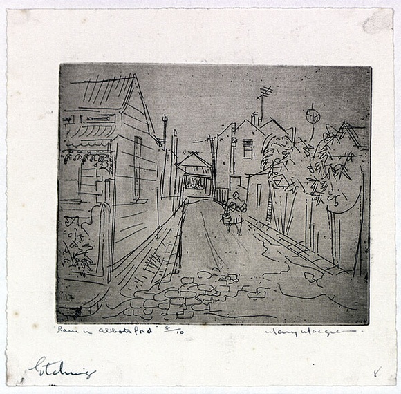 Artist: b'MACQUEEN, Mary' | Title: b'Lane in Abbotsford' | Date: c.1958 | Technique: b'etching, printed in brown ink with plate-tone from one plate' | Copyright: b'Courtesy Paulette Calhoun, for the estate of Mary Macqueen' Artist: b'MACQUEEN, Mary' | Title: b'Lane in Abbotsford' | Date: c.1958 | Technique: b'etching, printed in brown ink with plate-tone from one plate' | Copyright: b'Courtesy Paulette Calhoun, for the estate of Mary Macqueen'