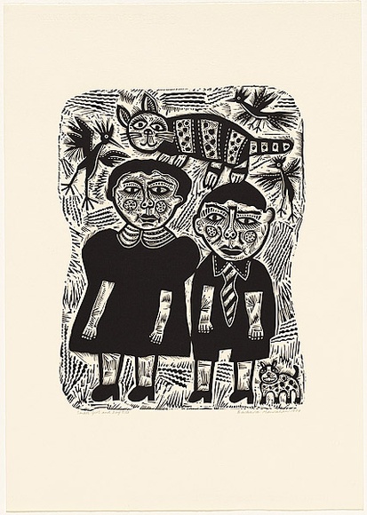 Artist: b'HANRAHAN, Barbara' | Title: b'Small girl and boy' | Date: 1989 | Technique: b'linocut, printed in black ink, from one block' Artist: b'HANRAHAN, Barbara' | Title: b'Small girl and boy' | Date: 1989 | Technique: b'linocut, printed in black ink, from one block'