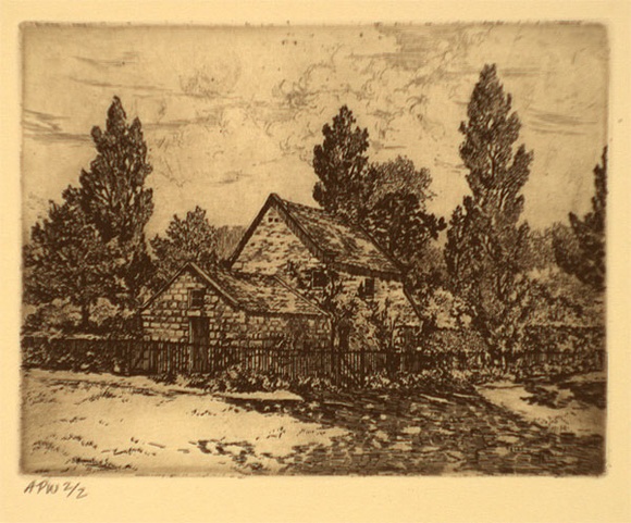 Artist: b'Stockfeld, R.H.' | Title: b'Captain Cooks cottage' | Date: c.1935 | Technique: b'etching, printed in black ink, from one plate' Artist: b'Stockfeld, R.H.' | Title: b'Captain Cooks cottage' | Date: c.1935 | Technique: b'etching, printed in black ink, from one plate'