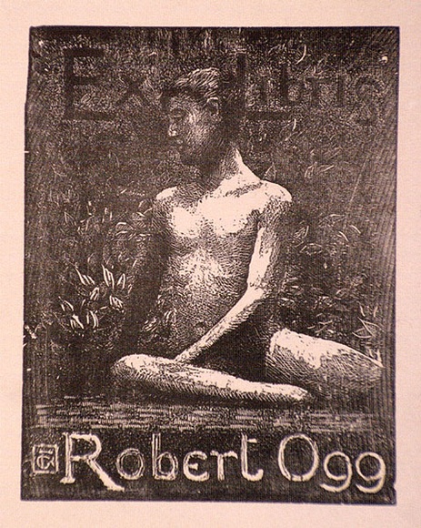 Artist: b'Reynolds, Frederick George.' | Title: b'Bookplate: Robert Ogg' | Technique: b'woodblock, printed in black ink, from one block' Artist: b'Reynolds, Frederick George.' | Title: b'Bookplate: Robert Ogg' | Technique: b'woodblock, printed in black ink, from one block'