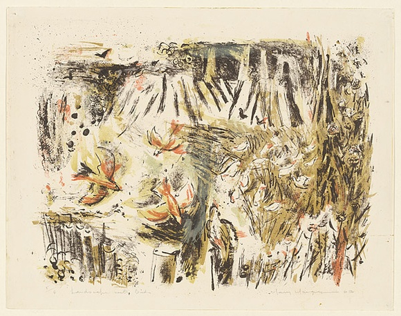 Artist: b'MACQUEEN, Mary' | Title: b'Landscape with birds' | Date: 1963 | Technique: b'lithograph, printed in colour, from multiple plates' | Copyright: b'Courtesy Paulette Calhoun, for the estate of Mary Macqueen' Artist: b'MACQUEEN, Mary' | Title: b'Landscape with birds' | Date: 1963 | Technique: b'lithograph, printed in colour, from multiple plates' | Copyright: b'Courtesy Paulette Calhoun, for the estate of Mary Macqueen'