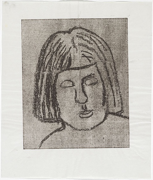 Artist: b'MADDOCK, Bea' | Title: b'Self portrait' | Date: 1967 | Technique: b'crayon-lithograph, printed in black ink, from one paper plate' Artist: b'MADDOCK, Bea' | Title: b'Self portrait' | Date: 1967 | Technique: b'crayon-lithograph, printed in black ink, from one paper plate'