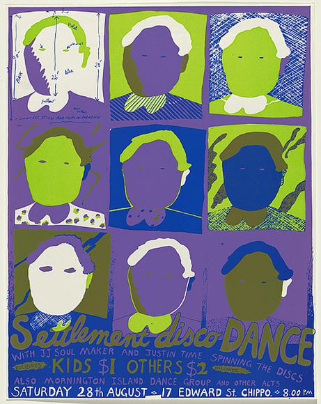 Artist: b'WORSTEAD, Paul' | Title: b'Settlement Disco Dance with JJ Soul Maker and Justin Time spinning the discs ... also Mornington Island Dance Group' | Date: 1976 | Technique: b'screenprint, printed in colour, from multiple stencils' | Copyright: b'This work appears on screen courtesy of the artist' Artist: b'WORSTEAD, Paul' | Title: b'Settlement Disco Dance with JJ Soul Maker and Justin Time spinning the discs ... also Mornington Island Dance Group' | Date: 1976 | Technique: b'screenprint, printed in colour, from multiple stencils' | Copyright: b'This work appears on screen courtesy of the artist'