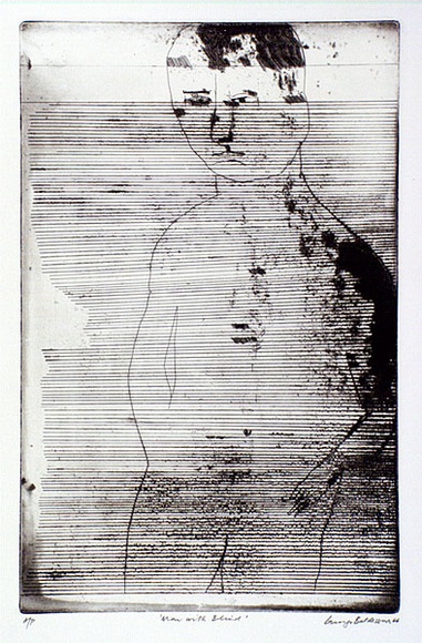 Artist: b'BALDESSIN, George' | Title: b'Man with blind.' | Date: 1966 | Technique: b'etching and aquatint, printed in black ink, from one plate' Artist: b'BALDESSIN, George' | Title: b'Man with blind.' | Date: 1966 | Technique: b'etching and aquatint, printed in black ink, from one plate'