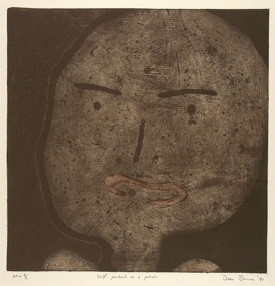 Artist: b'Bowen, Dean.' | Title: b'Self-portrait as a potato' | Date: 1991 | Technique: b'etching, printed in brown and black ink, from two plates' Artist: b'Bowen, Dean.' | Title: b'Self-portrait as a potato' | Date: 1991 | Technique: b'etching, printed in brown and black ink, from two plates'