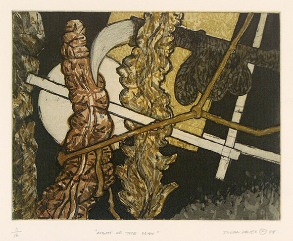 Artist: b'Davies, Julian.' | Title: b'Night of thc claw.' | Date: 1988 | Technique: b'etching and aquatint, printed in colour, from multiple plates' Artist: b'Davies, Julian.' | Title: b'Night of thc claw.' | Date: 1988 | Technique: b'etching and aquatint, printed in colour, from multiple plates'