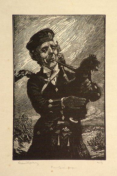 Artist: b'LINDSAY, Lionel' | Title: b'Campbell the piper. An old Sydney identity.' | Date: 1925 | Technique: b'wood-engraving, printed in black ink, from one block' | Copyright: b'Courtesy of the National Library of Australia' Artist: b'LINDSAY, Lionel' | Title: b'Campbell the piper. An old Sydney identity.' | Date: 1925 | Technique: b'wood-engraving, printed in black ink, from one block' | Copyright: b'Courtesy of the National Library of Australia'