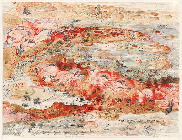 Artist: b'Wolseley, John.' | Title: b'Desert camp' | Date: 1997, May - July | Technique: b'lithograph, printed in colour, from four stones' | Copyright: b'\xc2\xa9 John Wolseley. Licensed by VISCOPY, Australia' Artist: b'Wolseley, John.' | Title: b'Desert camp' | Date: 1997, May - July | Technique: b'lithograph, printed in colour, from four stones' | Copyright: b'\xc2\xa9 John Wolseley. Licensed by VISCOPY, Australia'