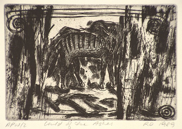Artist: b'Daw, Robyn.' | Title: b'Child of the ashes' | Date: 1989, November | Technique: b'etching, printed in black ink, from one plate' Artist: b'Daw, Robyn.' | Title: b'Child of the ashes' | Date: 1989, November | Technique: b'etching, printed in black ink, from one plate'