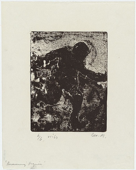 Artist: b'MADDOCK, Bea' | Title: b'Running figure' | Date: June 1963 | Technique: b'relief-etching, printed in black ink by hand-burnishing, from one copper plate' Artist: b'MADDOCK, Bea' | Title: b'Running figure' | Date: June 1963 | Technique: b'relief-etching, printed in black ink by hand-burnishing, from one copper plate'