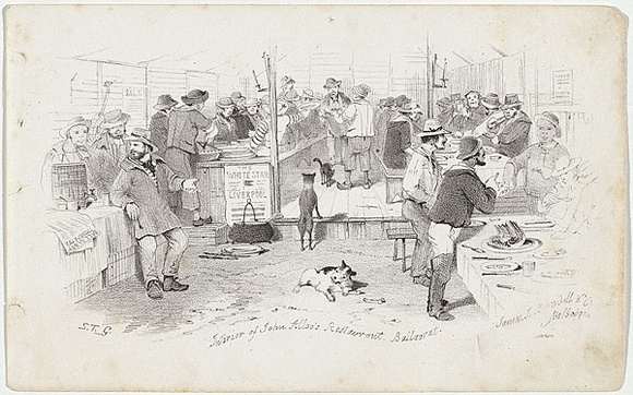 Artist: b'GILL, S.T.' | Title: bInterior of John Alloo's restaurant, Ballarat. | Date: 1855-56 | Technique: b'lithograph, printed in black ink, from one stone' Artist: b'GILL, S.T.' | Title: bInterior of John Alloo's restaurant, Ballarat. | Date: 1855-56 | Technique: b'lithograph, printed in black ink, from one stone'