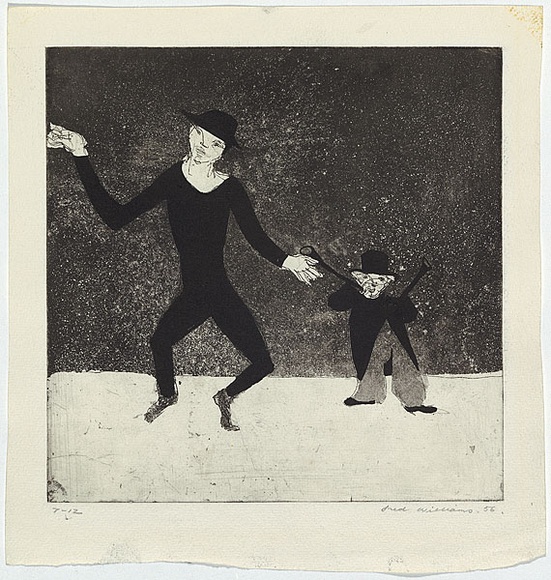 Artist: b'WILLIAMS, Fred' | Title: b'Dancing figures' | Date: 1954-55 | Technique: b'etching, engraving, drypoint and aquatint, printed in black ink, from one copper plate; with ink additions' | Copyright: b'\xc2\xa9 Fred Williams Estate' Artist: b'WILLIAMS, Fred' | Title: b'Dancing figures' | Date: 1954-55 | Technique: b'etching, engraving, drypoint and aquatint, printed in black ink, from one copper plate; with ink additions' | Copyright: b'\xc2\xa9 Fred Williams Estate'