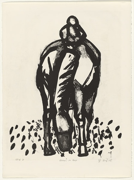 Artist: b'Boag, Yvonne.' | Title: b'Woman on horse' | Date: 1985 | Technique: b'lithograph, printed in black ink, from one stone' | Copyright: b'\xc2\xa9 Yvonne Boag' Artist: b'Boag, Yvonne.' | Title: b'Woman on horse' | Date: 1985 | Technique: b'lithograph, printed in black ink, from one stone' | Copyright: b'\xc2\xa9 Yvonne Boag'