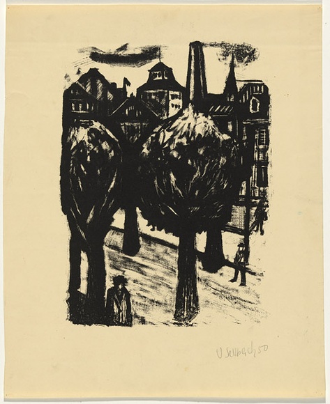 Artist: b'SELLBACH, Udo' | Title: b'Trees in a street' | Date: 1950 | Technique: b'lithograph, printed in black ink, from one stone' Artist: b'SELLBACH, Udo' | Title: b'Trees in a street' | Date: 1950 | Technique: b'lithograph, printed in black ink, from one stone'