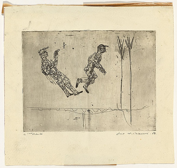 Artist: b'WILLIAMS, Fred' | Title: b'Trampoline' | Date: 1955-56 | Technique: b'etching, aquatint and drypoint, printed in black ink, from one brass plate' | Copyright: b'\xc2\xa9 Fred Williams Estate' Artist: b'WILLIAMS, Fred' | Title: b'Trampoline' | Date: 1955-56 | Technique: b'etching, aquatint and drypoint, printed in black ink, from one brass plate' | Copyright: b'\xc2\xa9 Fred Williams Estate'