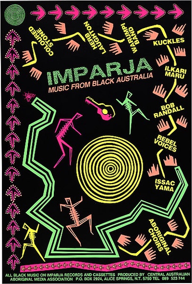 Artist: b'REDBACK GRAPHIX' | Title: b'Imparja music.' | Date: 1984 | Technique: b'screenprint, printed in colour, from five stencils' | Copyright: b'\xc2\xa9 Raymond John Young' Artist: b'REDBACK GRAPHIX' | Title: b'Imparja music.' | Date: 1984 | Technique: b'screenprint, printed in colour, from five stencils' | Copyright: b'\xc2\xa9 Raymond John Young'