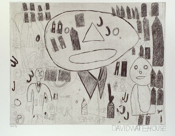 Artist: b'WATERHOUSE, David' | Title: b'not titled (figures and houses)' | Date: 2000, February | Technique: b'etching, printed in black ink, from one plate' Artist: b'WATERHOUSE, David' | Title: b'not titled (figures and houses)' | Date: 2000, February | Technique: b'etching, printed in black ink, from one plate'
