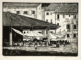 Artist: Owen, Gladys. | Title: Greeting card: (Mediterranean village street market) | Date: c.1933 | Technique: wood-engraving, printed in black ink, from one block | Copyright: © Estate of David Moore