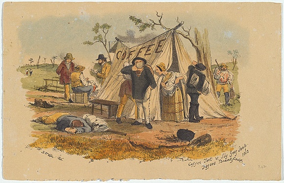 Artist: b'GILL, S.T.' | Title: b'Coffee tent and sly grog shop. Diggers breakfast 1852.' | Date: 1854 | Technique: b'lithograph, printed in black ink, from one stone; hand-coloured' Artist: b'GILL, S.T.' | Title: b'Coffee tent and sly grog shop. Diggers breakfast 1852.' | Date: 1854 | Technique: b'lithograph, printed in black ink, from one stone; hand-coloured'