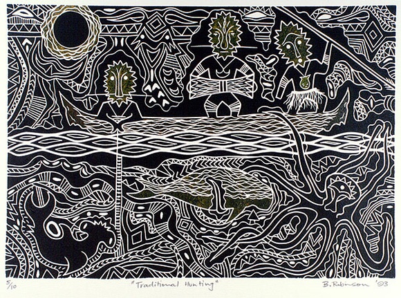 Artist: b'Robinson, Brian.' | Title: b'Traditional hunting' | Date: 1993 | Technique: b'linocut, printed in black ink, from one block; hand coloured' Artist: b'Robinson, Brian.' | Title: b'Traditional hunting' | Date: 1993 | Technique: b'linocut, printed in black ink, from one block; hand coloured'