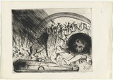 Artist: BOYD, Arthur | Title: Lions with bone in wooded landscape (The last of St Jerome). | Date: (1968-69) | Technique: etching and drypoint, printed in black ink, from one plate | Copyright: Reproduced with permission of Bundanon Trust