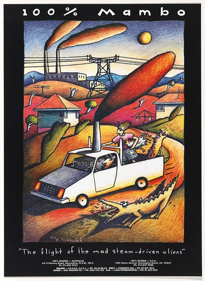 Artist: b'Mambo.' | Title: b'The flight of the mad steam-driver aliens' | Date: c.1985 | Technique: b'offset-lithograph, printed in colour, from multiple plates' Artist: b'Mambo.' | Title: b'The flight of the mad steam-driver aliens' | Date: c.1985 | Technique: b'offset-lithograph, printed in colour, from multiple plates'