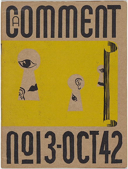 Artist: b'UNKNOWN, Artist' | Title: b'A Comment - no.13, October 1942' | Date: October 1942 | Technique: b'linocut, printed in yellow and black ink, from two blocks; letterpress text' Artist: b'UNKNOWN, Artist' | Title: b'A Comment - no.13, October 1942' | Date: October 1942 | Technique: b'linocut, printed in yellow and black ink, from two blocks; letterpress text'
